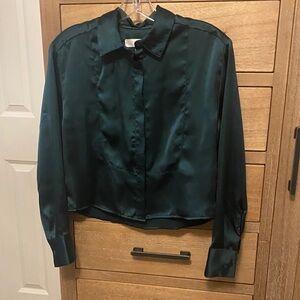 Loft Petite Elegant Dark Green Satin Blouse